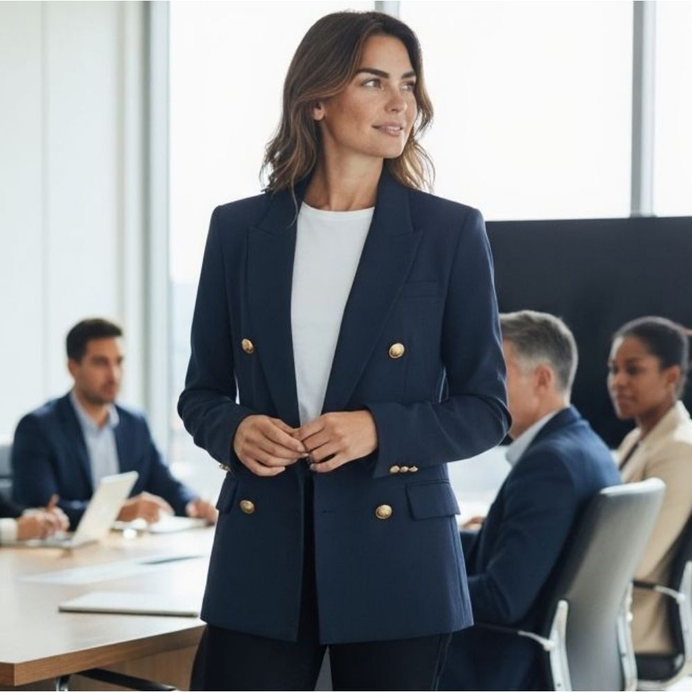 Gold and Blue Double-Breasted Suit Jacket with Notch Lapels